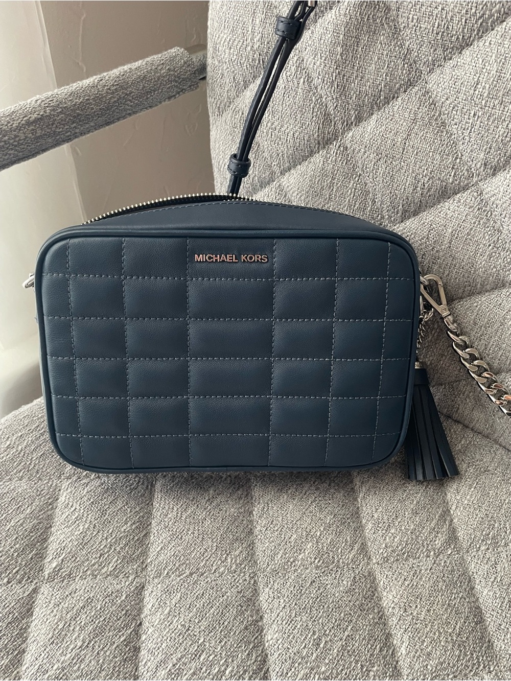 Michael Kors Quilted Navy Leather Camera Crossbody with Tassel - Picture 8 of 8